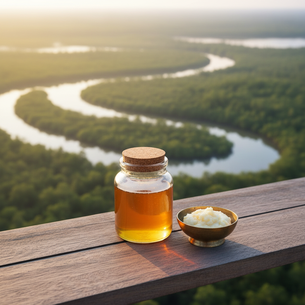 A serene, photographic realism landscape-inspired product shot featuring a jar of honey and a small brass bowl of ghee placed on a smooth wooden plank overlooking a soft-focus representation of the Sundarban mangroves. The background shows winding waterways, dense green mangrove roots, and distant mist, all gently blurred to keep focus on the products. Late afternoon golden hour light bathes the scene, creating warm highlights on the honey and subtle sheen on the ghee. The mood is natural, pure, and rooted in place, emphasizing origin and authenticity. The camera is at a slightly elevated angle with a shallow depth of field, balancing rustic, organic elements with a clean, professional presentation.