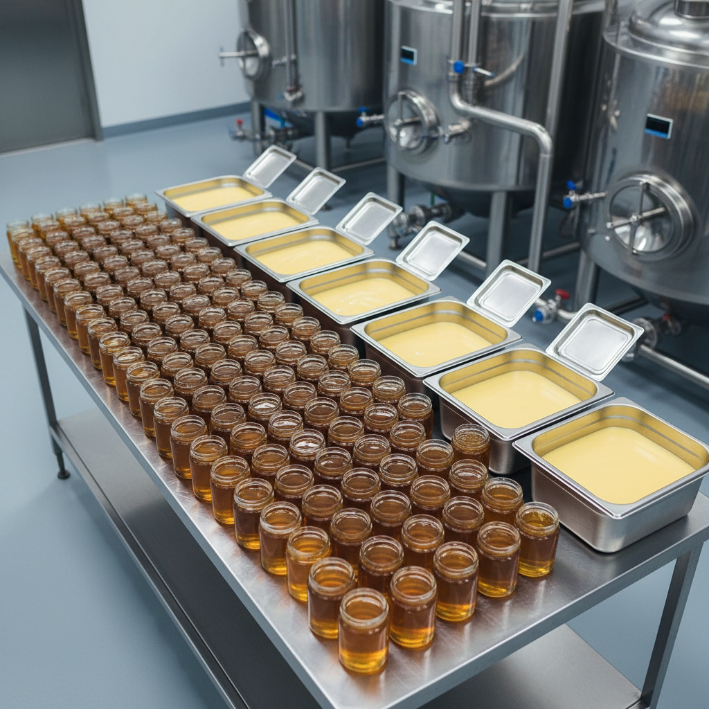 An overhead, photographic realism view of an organized production table in a modern, hygienic facility, showcasing rows of unlabeled glass jars filled with liquid honey and stainless steel containers of freshly clarified ghee. The stainless steel work surface gleams under bright, diffused industrial lighting, with no clutter or imperfections. In the background, slightly out of focus, are large food-grade steel tanks and sanitary piping, suggesting a professional manufacturing environment. The atmosphere feels precise, controlled, and trustworthy, with cool neutral tones balanced by the warm golden colors of the ghee and honey. The composition follows a clean grid, with sharp focus across the frame to highlight process quality and consistency.