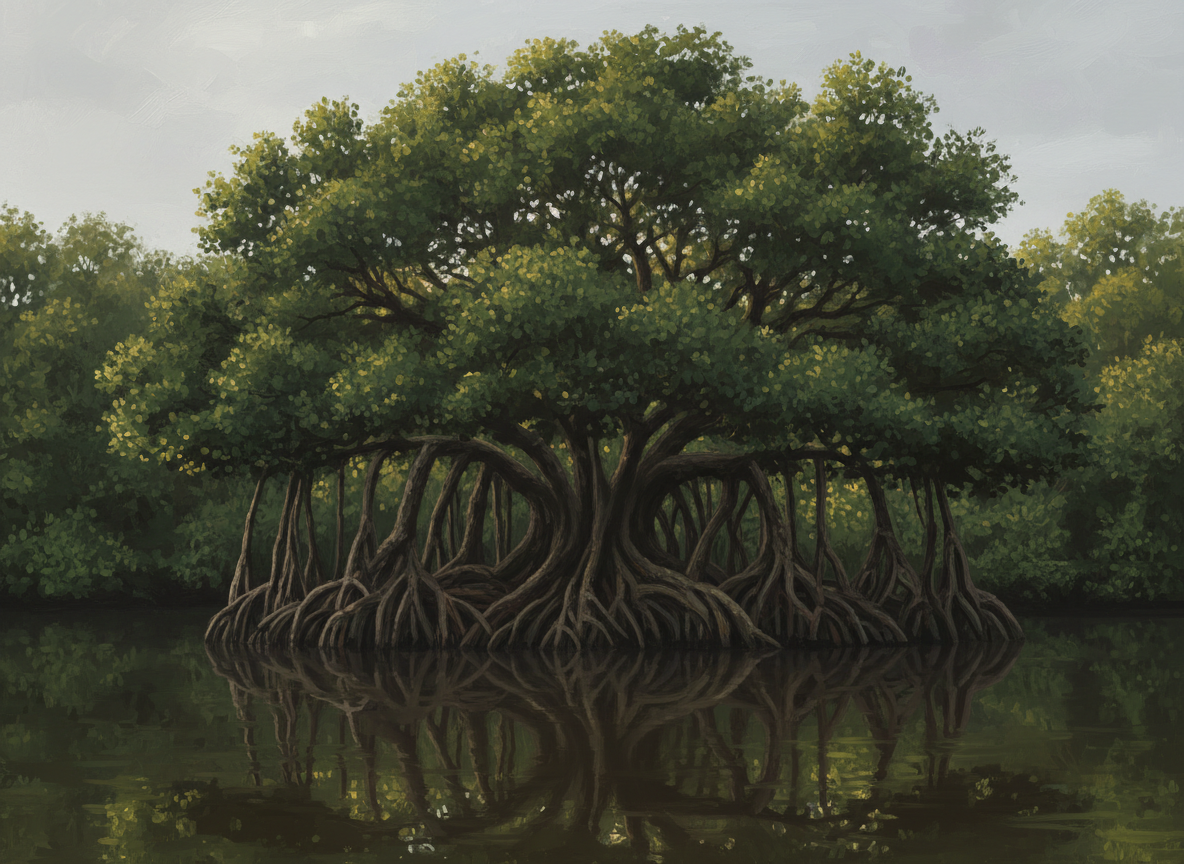 A majestic Sundarbans mangrove tree with dramatic aerial prop roots emerging from still dark water, lush dense canopy, moody atmospheric lighting with dappled golden light filtering through leaves, deep forest green tones (#1a4a2e), dark olive shadows, warm gold highlights, painterly premium quality, cinematic wide composition, no text, no people, no animals. Colour palette: deep forest green, dark olive, warm gold accents — matching a luxury Indian natural products brand.
